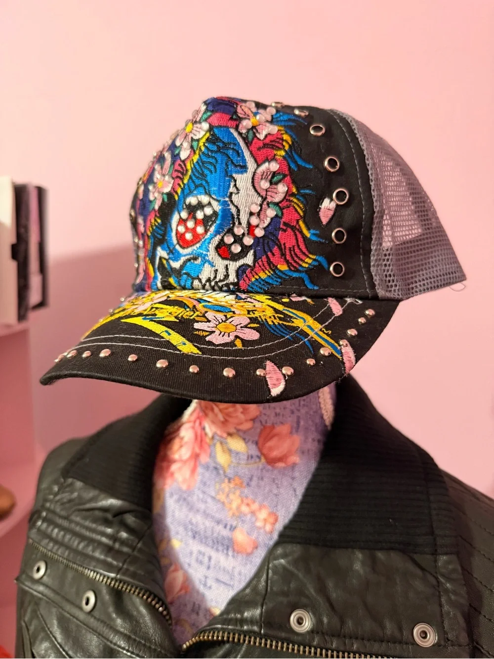 Vintage Ed Hardy Trucker Hat Mesh Skull Floral Graphic Print Rhinestone One Size